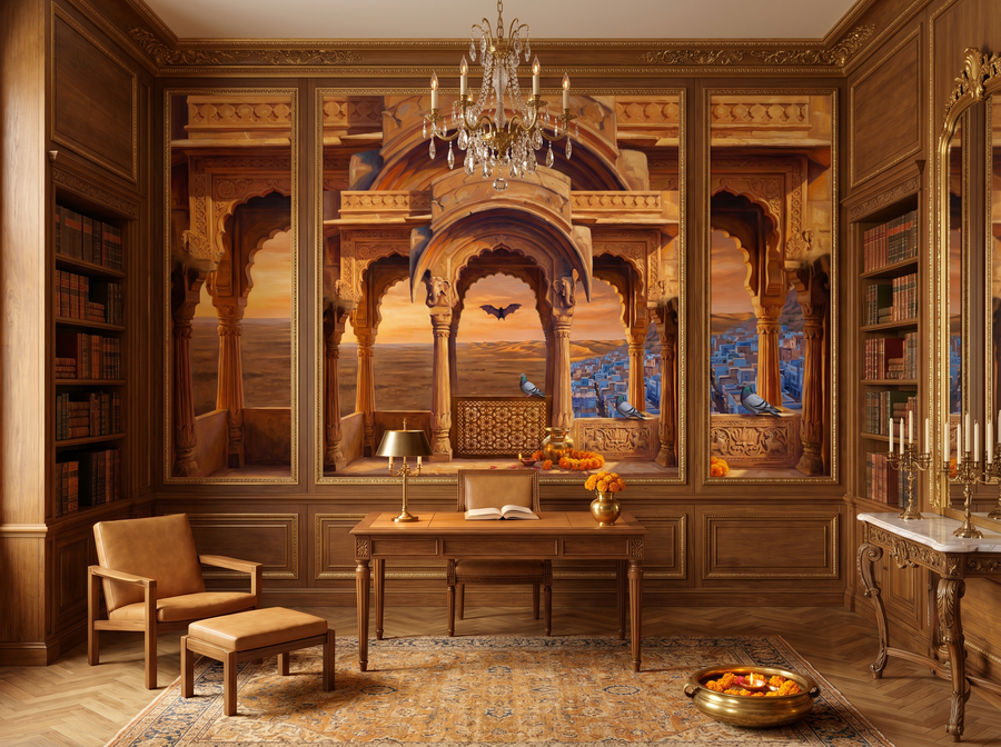 Jharokha Window scenic wallpaper mural on the feature wall of an eclectic living room, in a soft grey palette — The Wall Shawl.