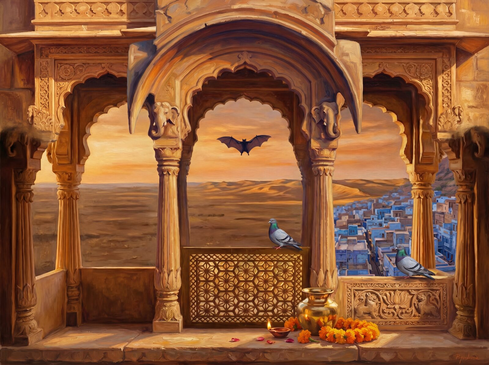 Panoramic scenic mural with Jaisalmer Gold, City Blue, and Sunset Saffron. Made to order.