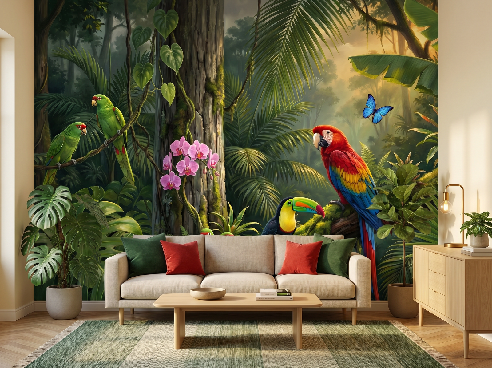 Jungle Canopy scenic wallpaper mural on the feature wall of a tropical living room, in a verdant green palette — The Wall Shawl.