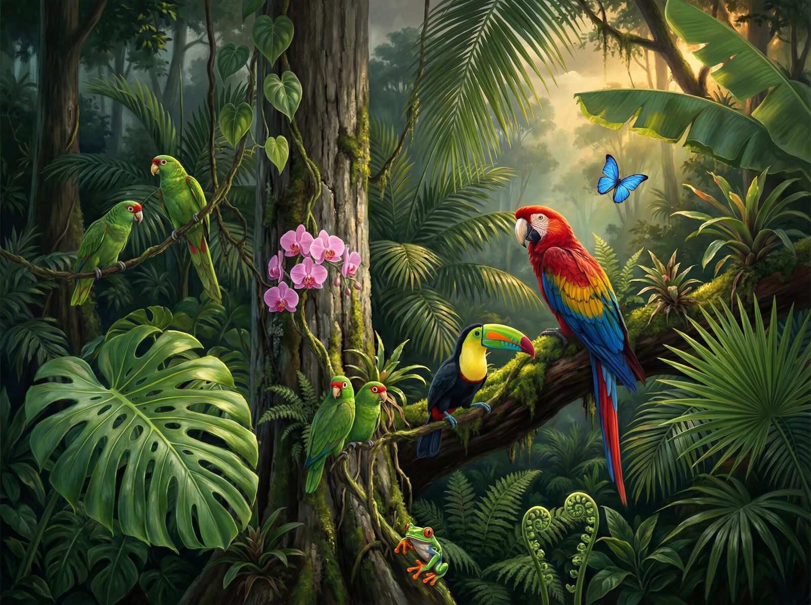 Jungle canopy mural wallpaper: scarlet macaw on a branch in saturated deep-green rainforest, keel-billed toucan below, green parrots on a vine, blue morpho butterfly in a shaft of golden light, red-eyed tree frog, monstera, fan palms, pink orchids and liana