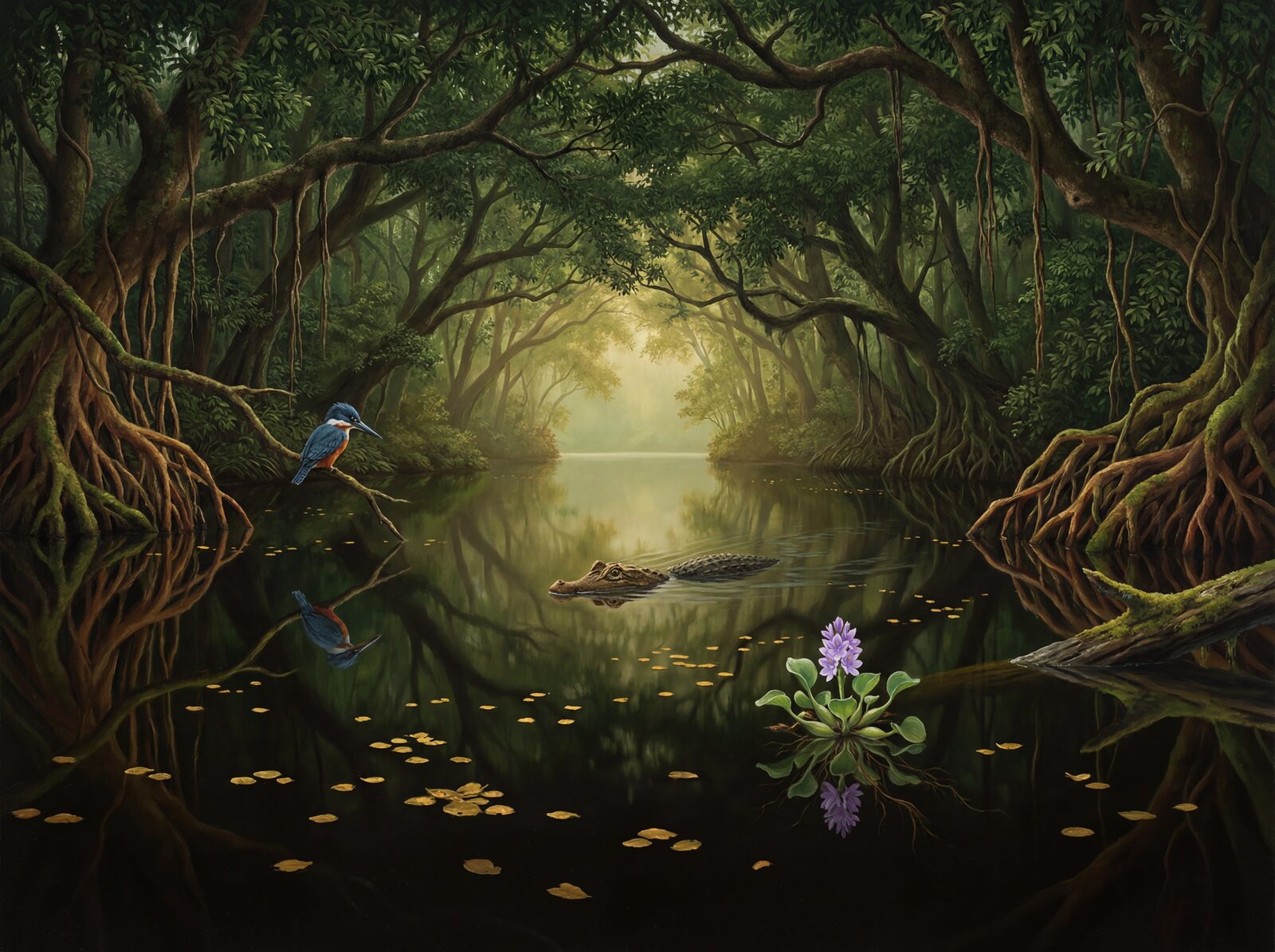 Immersive jungle river scene with dark tannin-stained water, deep green canopy, and vibrant accents. Made to order.