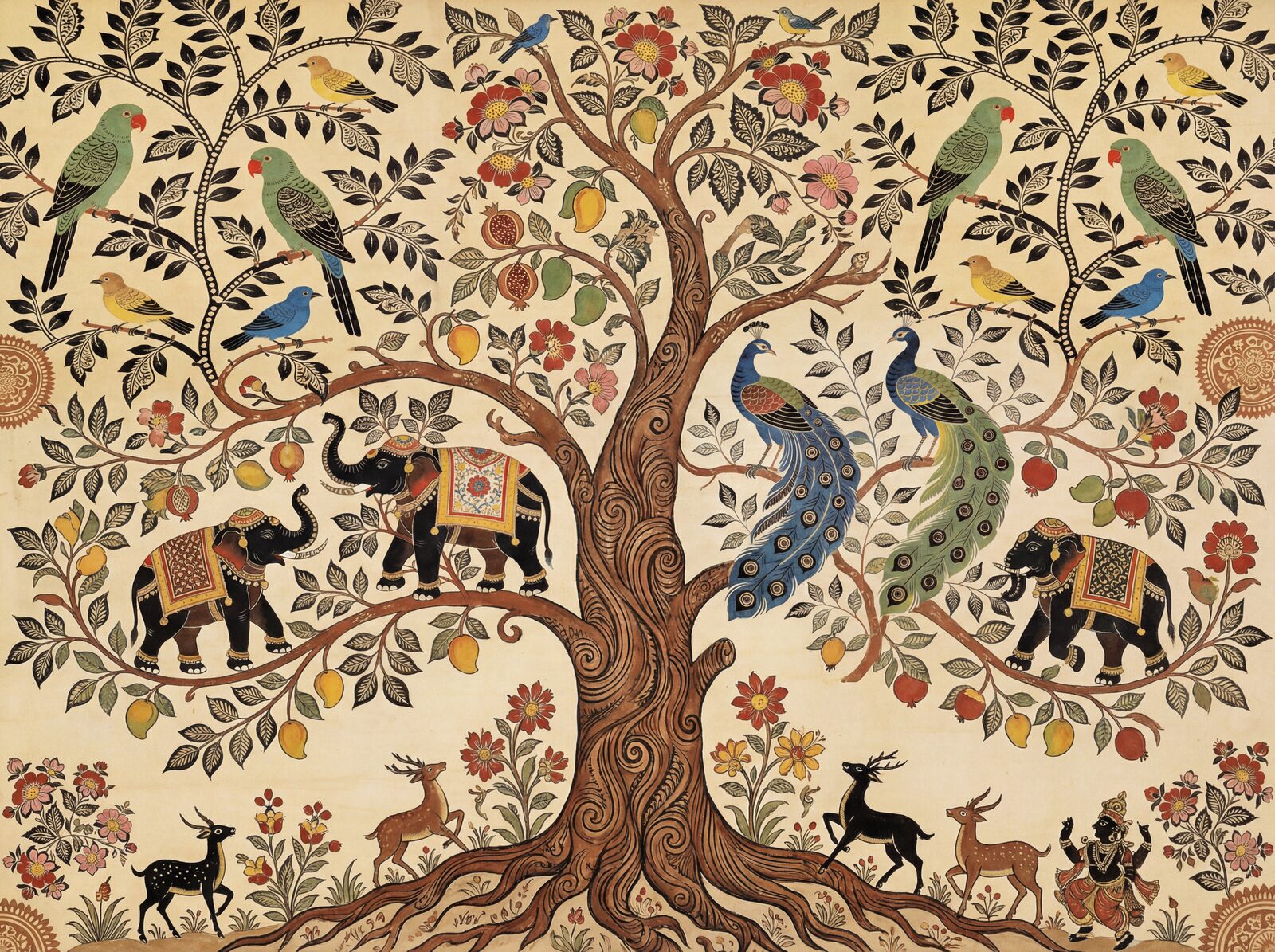 Immerse yourself in the epic narrative of the Kalamkari Tree, with its rich palette of iron black, alum red, and indigo. Made to order.