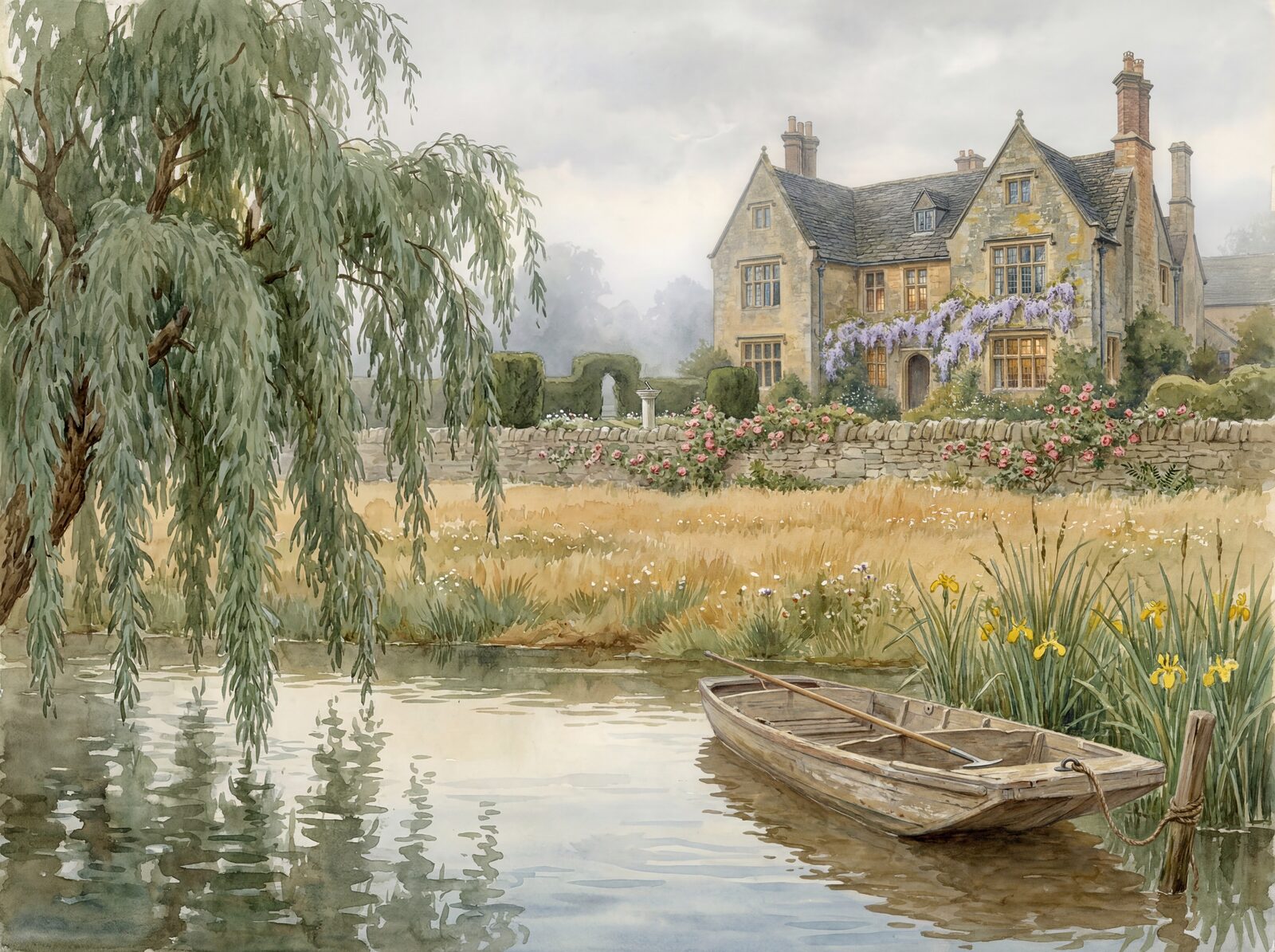 Scenic mural wallpaper featuring Cotswold Stone, Willow Green, and Thames Blue hues. Made to order.