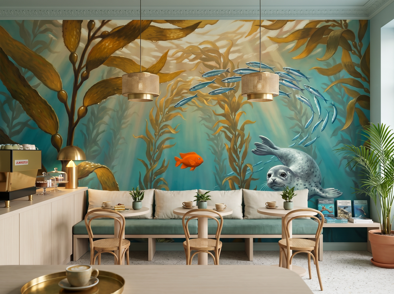 Kelp Forest scenic wallpaper mural on the feature wall of a biophilic bedroom, in a golden yellow-and-ochre palette — The Wall Shawl.