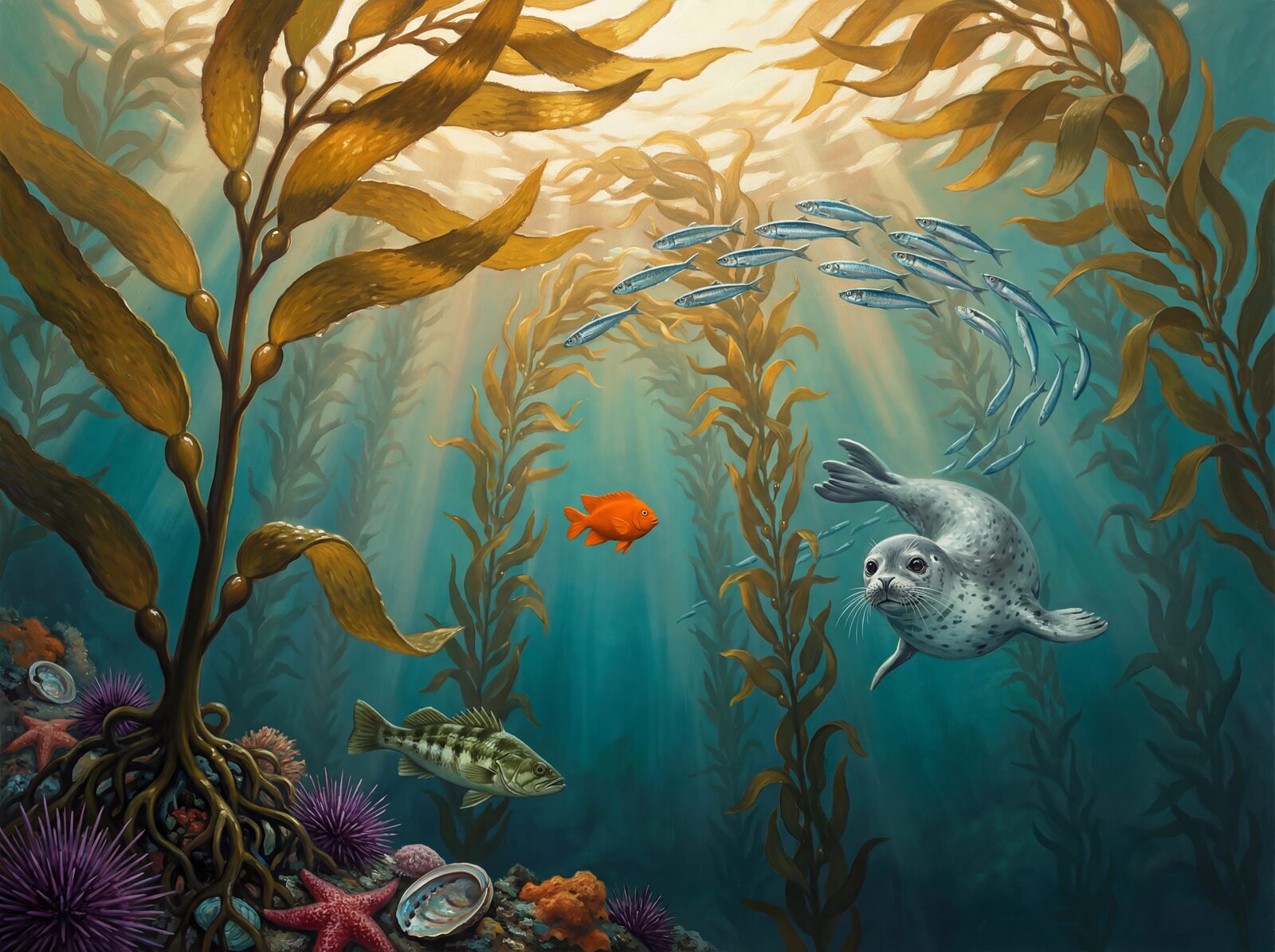Immersive kelp forest scene with Kelp Amber, Kelp Olive, and Forest Blue hues. Made to order.