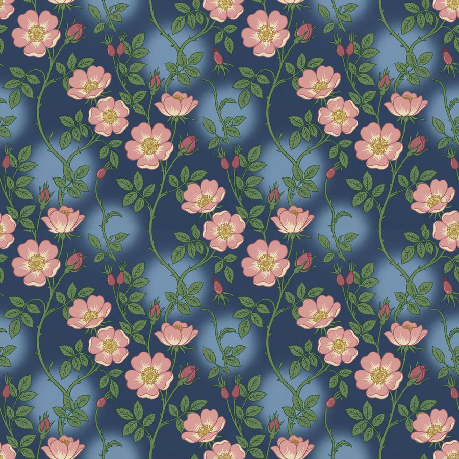 Immerse yourself in a vibrant indigo-ground design with dog-rose pinks and lush greens. Made to order.