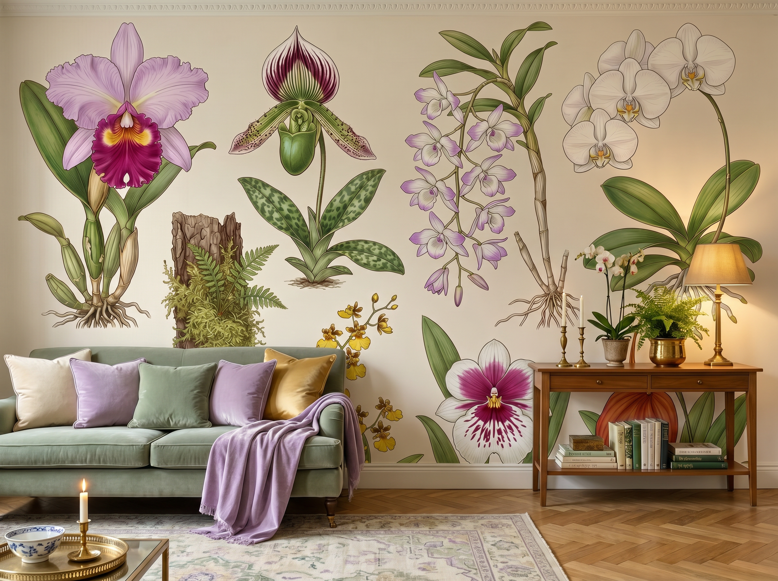 Kew Orchid Collection scenic wallpaper mural on the feature wall of an English-country study, in a verdant green palette — The Wall Shawl.