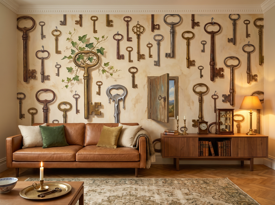 Key Collection scenic wallpaper mural on the feature wall of an Art-Deco study, in a moody black-and-charcoal palette — The Wall Shawl.