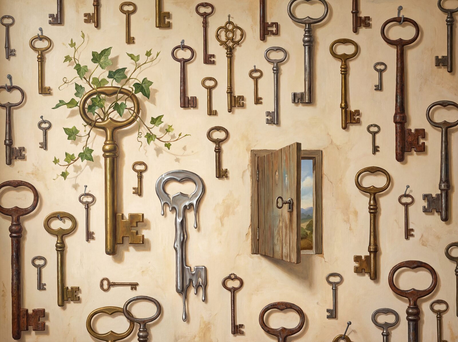 Unlock a world of mystery with this surreal mural wallpaper of antique keys. Featuring iron, brass, silver, and rust tones. Made to order.