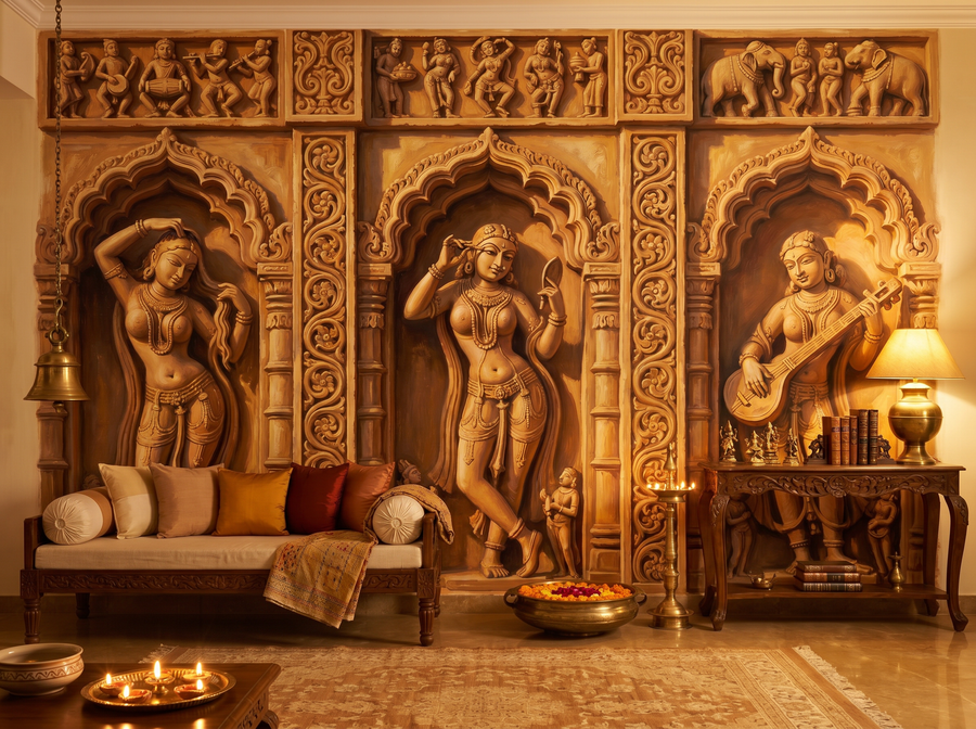 Khajuraho Panel scenic wallpaper mural on the feature wall of a traditional living room, in a soft grey palette — The Wall Shawl.