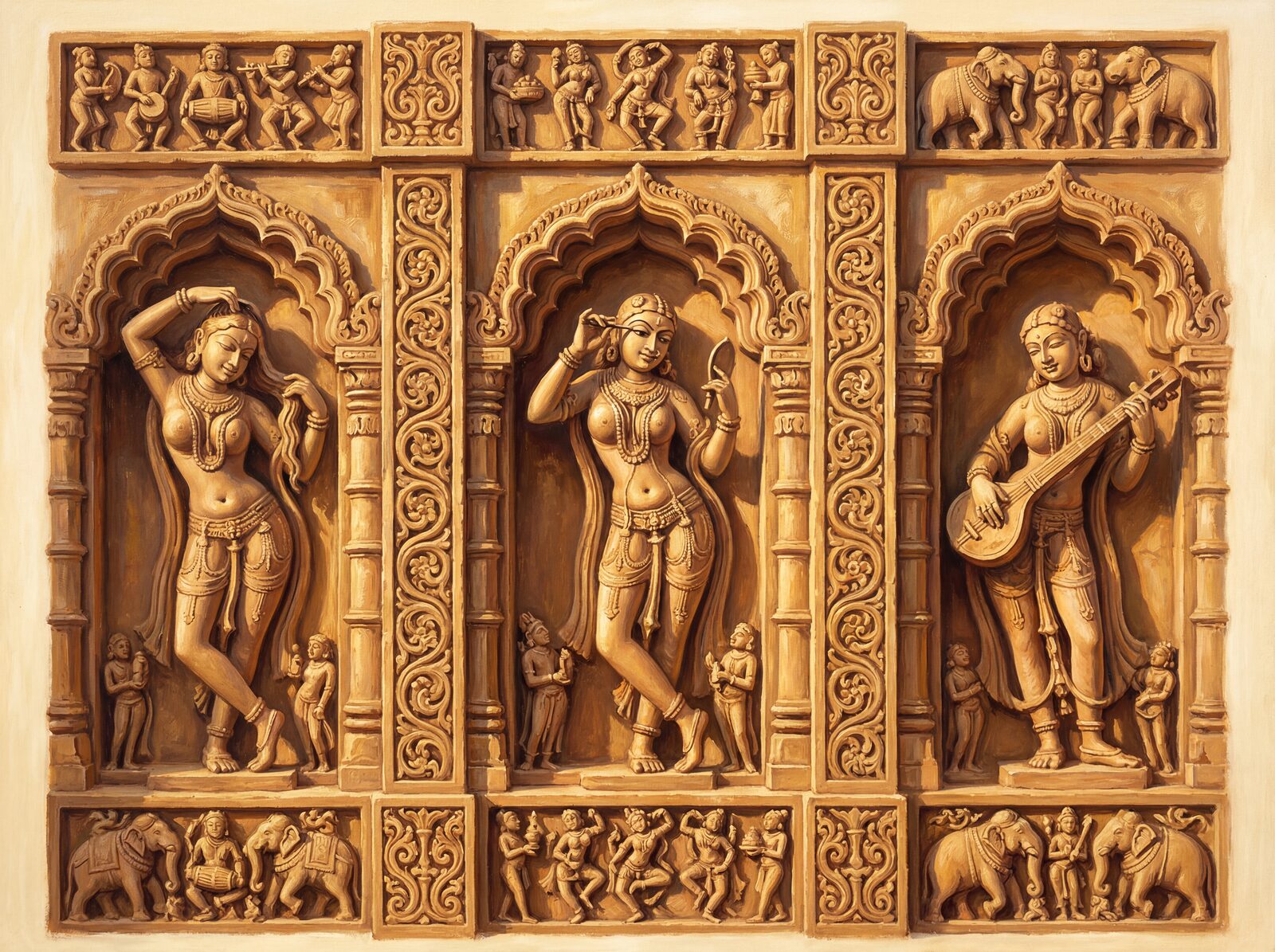 Khajuraho Panel Mural Wallpaper: Warm sandstone, golden highlights, and deep shadows. Made to order.
