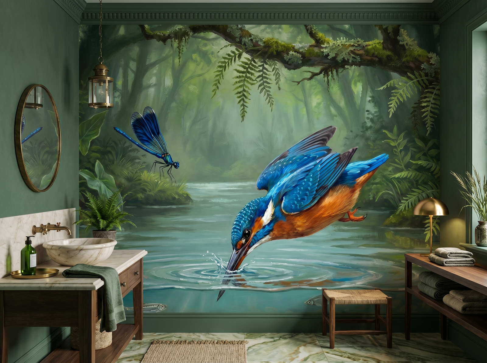 Kingfisher Dive scenic wallpaper mural on the feature wall of an English-country bathroom, in a cool blue palette — The Wall Shawl.