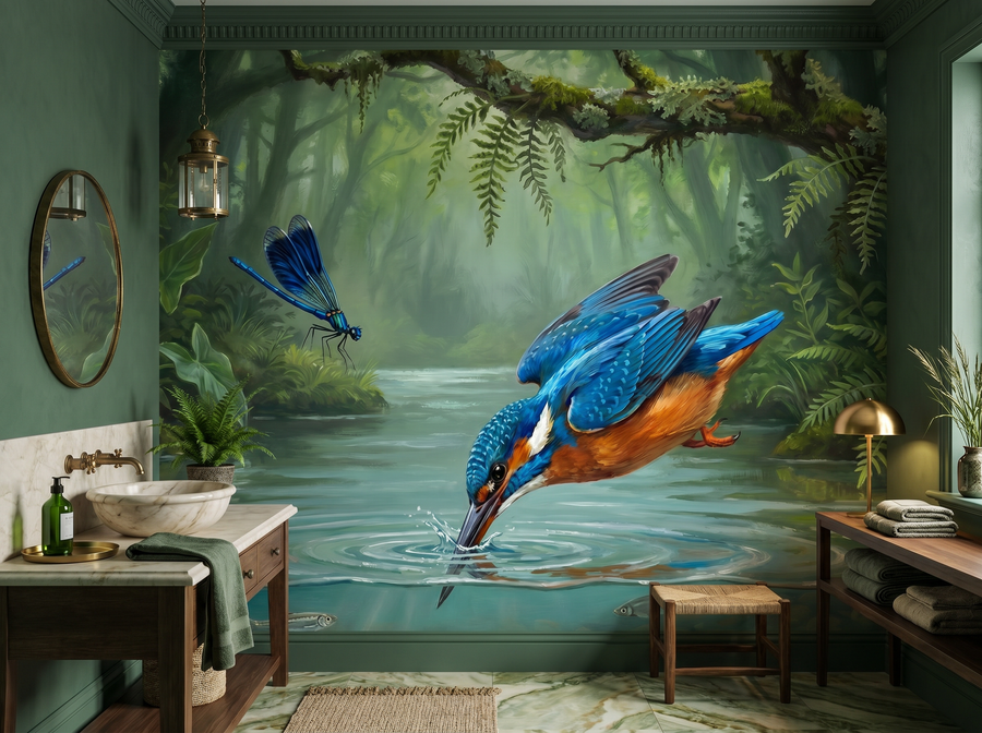 Kingfisher Dive scenic wallpaper mural on the feature wall of an English-country bathroom, in a cool blue palette — The Wall Shawl.