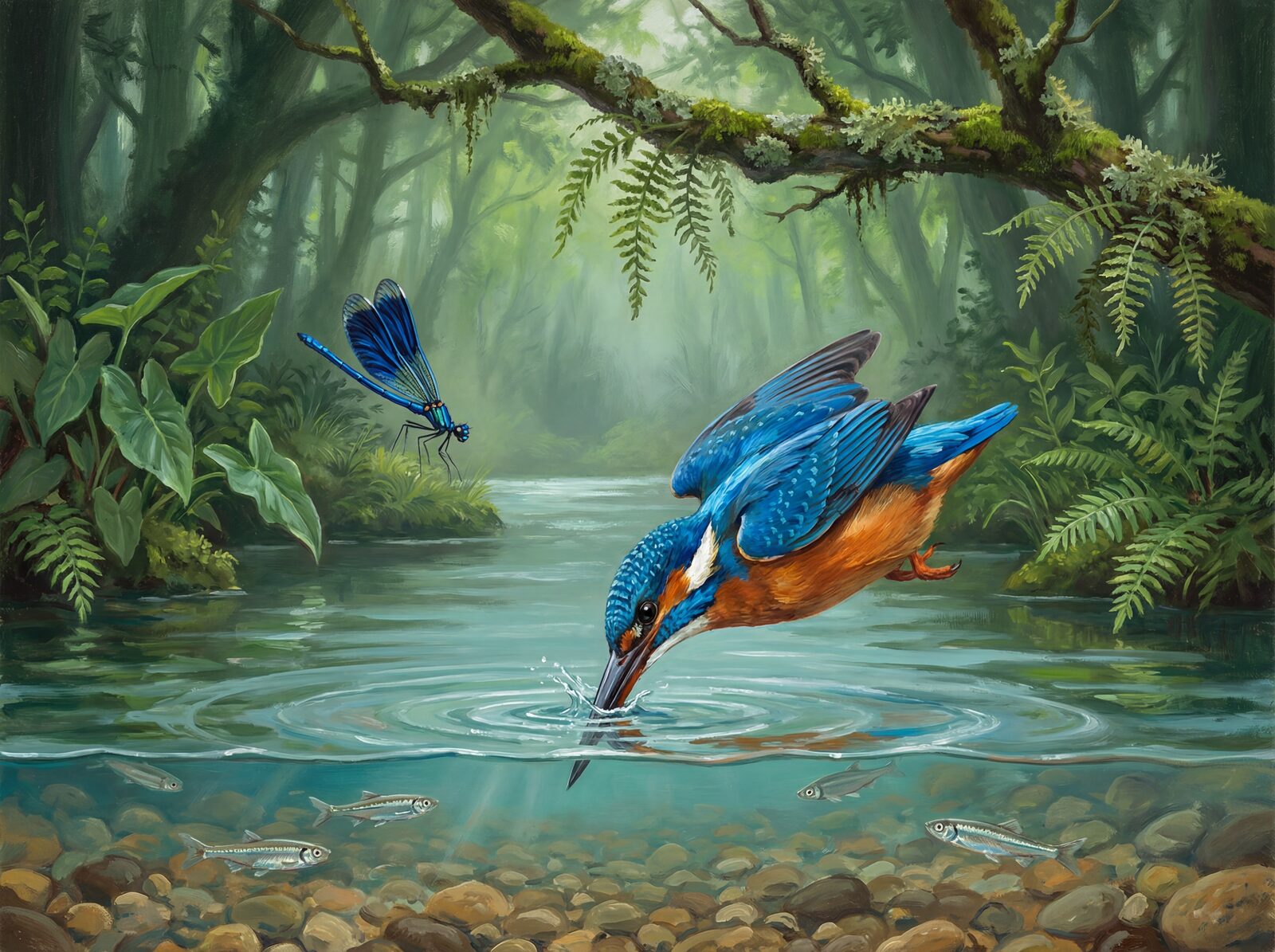 Vibrant kingfisher mural with blues, oranges, and greens. Made to order.