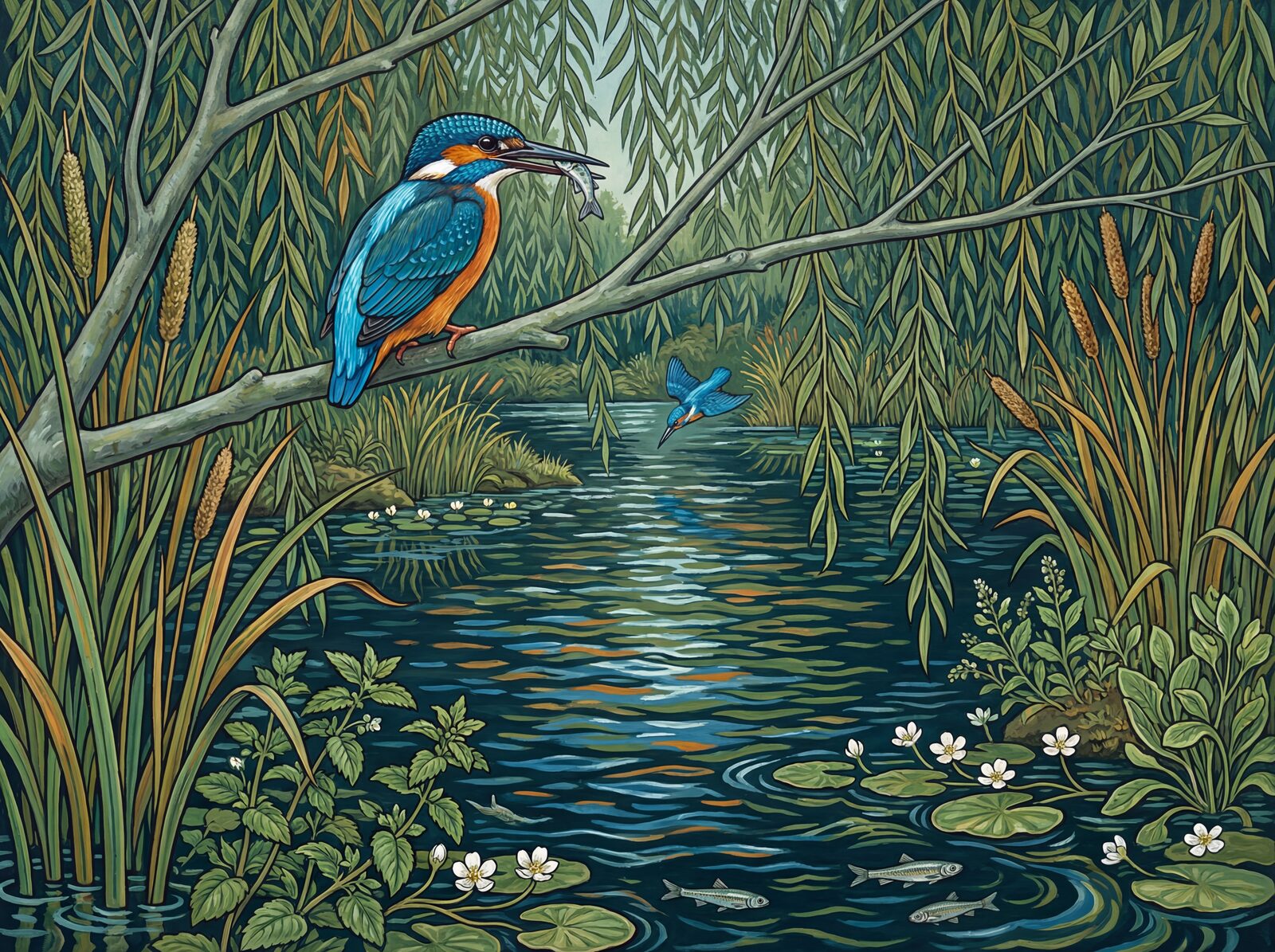 Witness an intimate wildlife encounter with a Kingfisher Perch mural. Featuring vibrant blues, oranges, and earthy greens. Made to order.