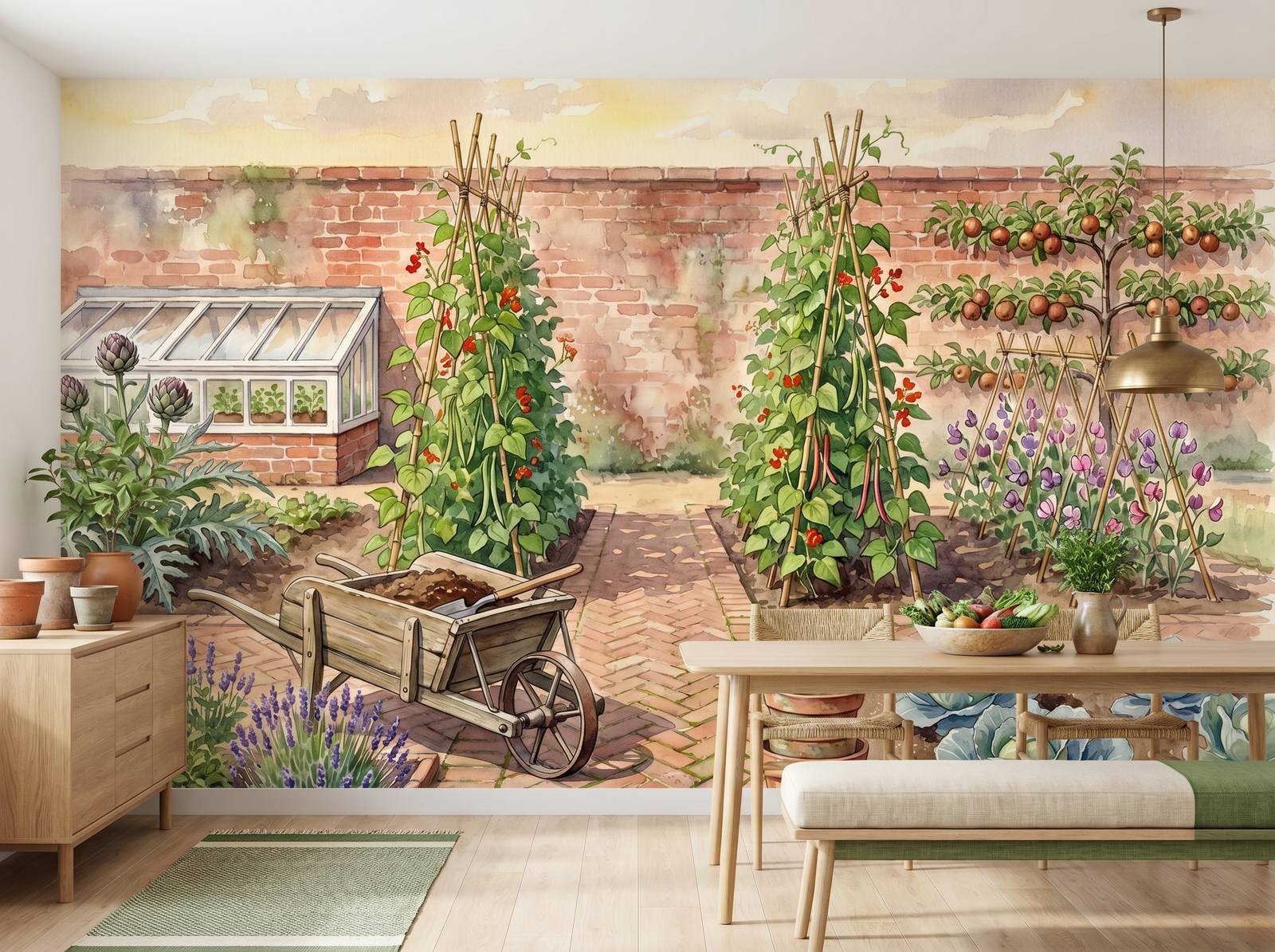 Kitchen Garden scenic wallpaper mural on the feature wall of an English-country kitchen, in a rich red-and-burgundy palette — The Wall Shawl.