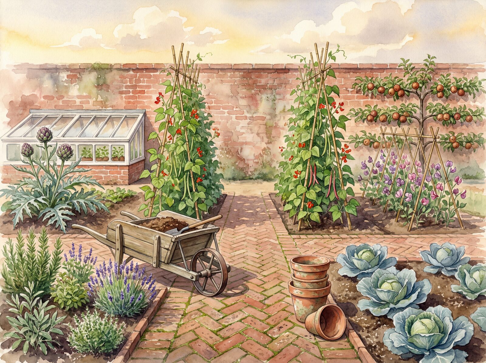 Scenic mural wallpaper featuring a productive kitchen garden with Runner Bean Red, Cabbage Blue, and Artichoke Silver. Made to order.