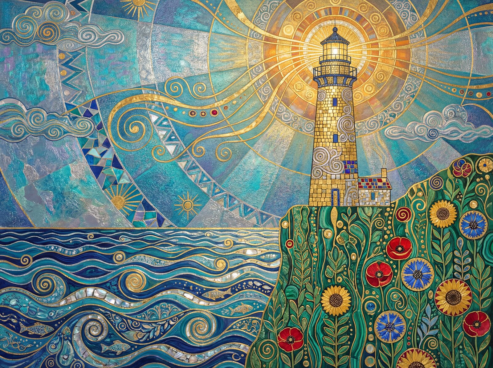 Luminous coastal mural with Klimt Gold, Iridescent Blue, and Byzantine Silver. Made to order.