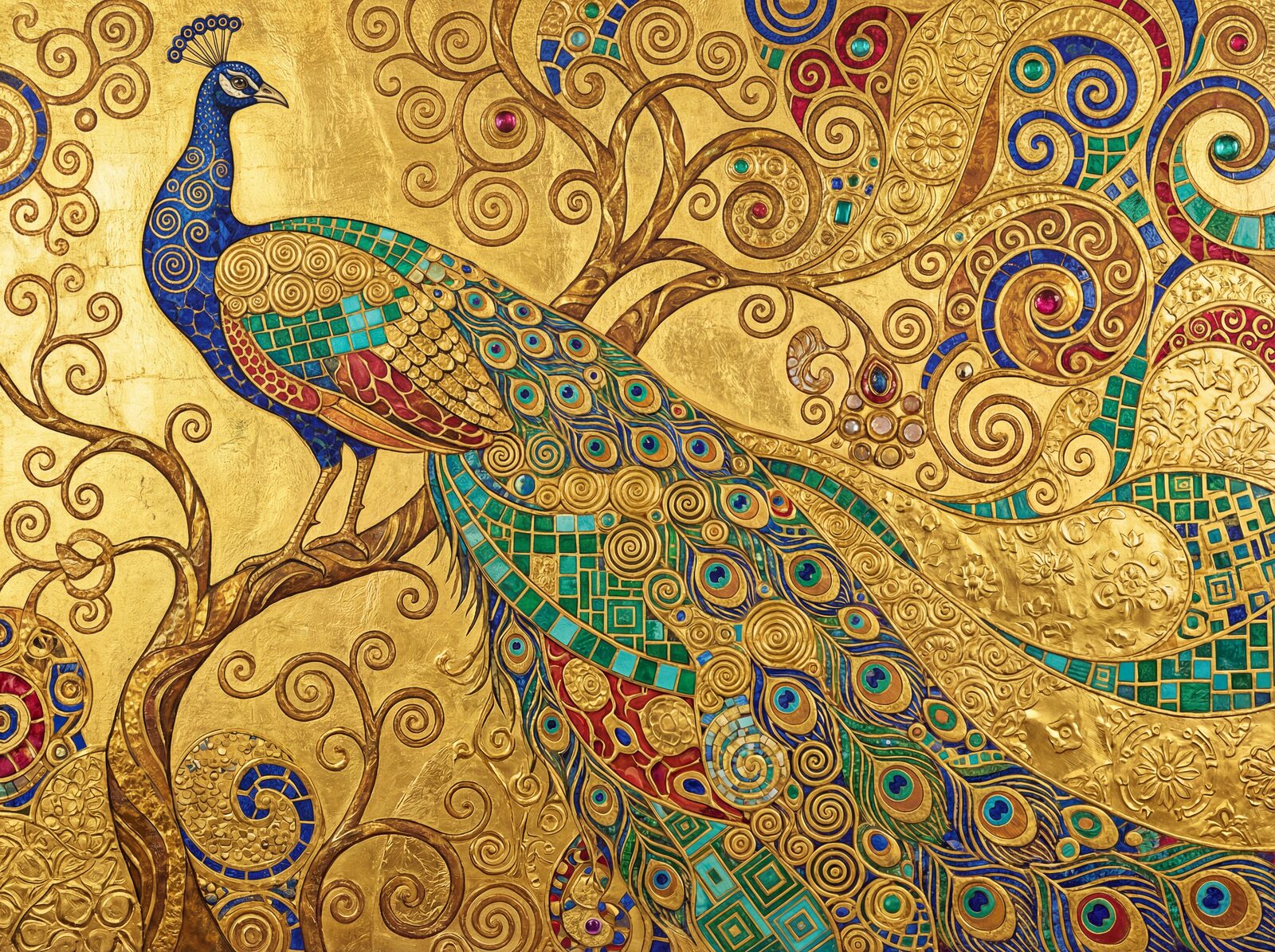 Majestic peacock mural in Imperial Gold, Lapis Lazuli, and Emerald Mosaic. Made to order.
