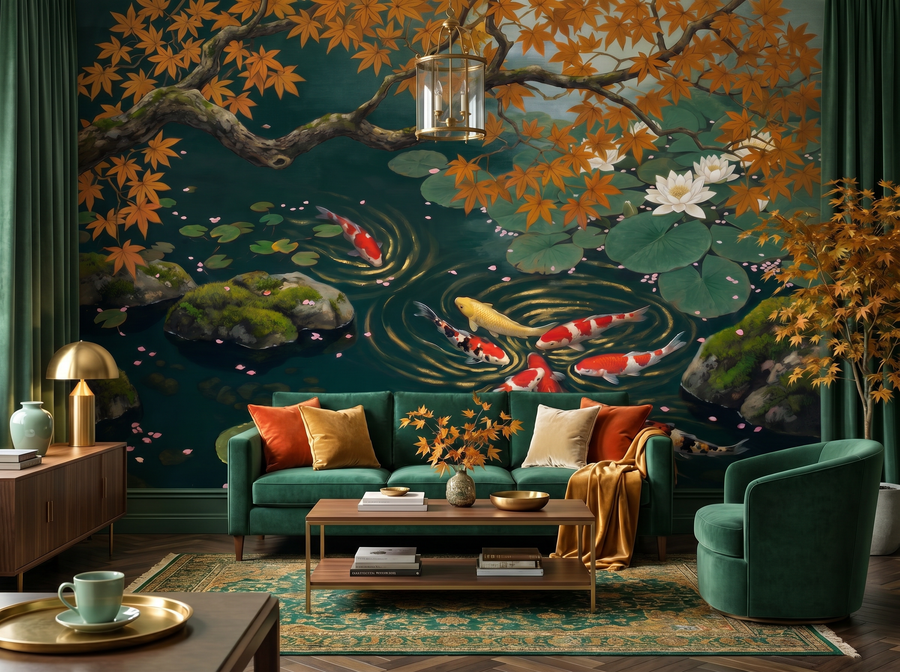 Koi Pond scenic wallpaper mural on the feature wall of a chinoiserie living room, in a soft grey palette — The Wall Shawl.