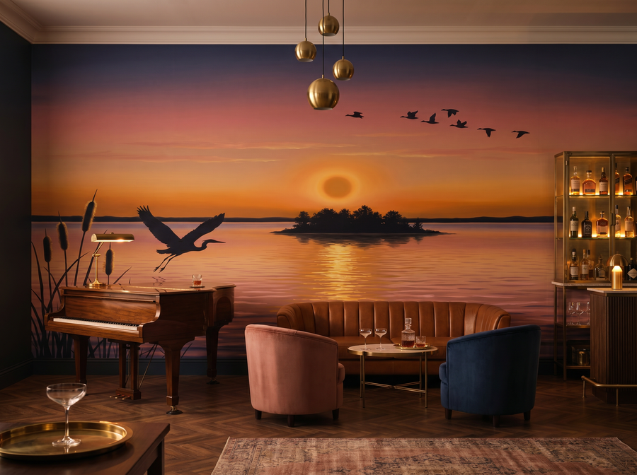 Lake at Sunset scenic wallpaper mural on the feature wall of a biophilic living room, in a soft grey palette — The Wall Shawl.