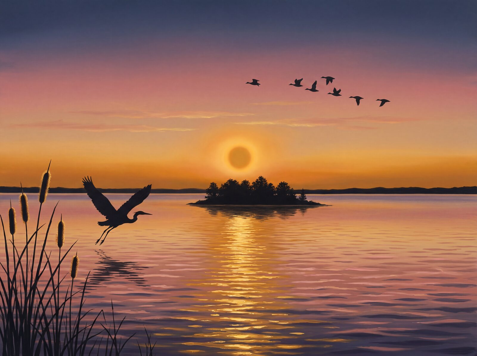 Scenic mural wallpaper featuring dusk linen, molten gold, and deep indigo hues. Made to order.