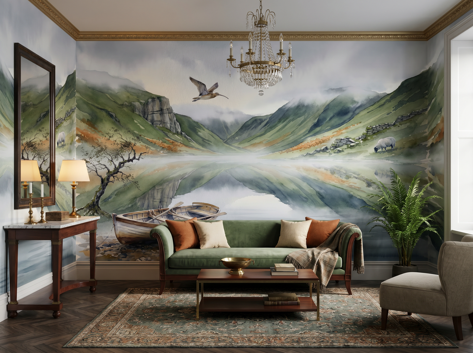 Lake District Morning scenic wallpaper mural on the feature wall of an English-country bedroom, in a cool neutral palette — The Wall Shawl.