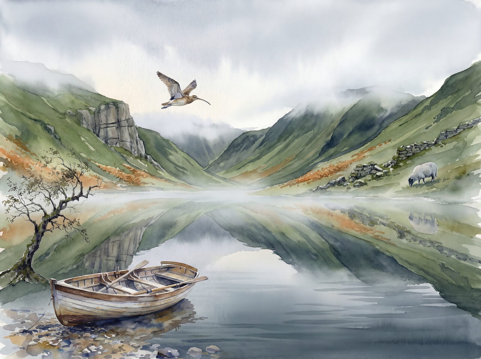 Scenic mural wallpaper featuring a serene Lake District scene with a palette of Tarn Dark, Fell Green, and Mist White. Made to order.