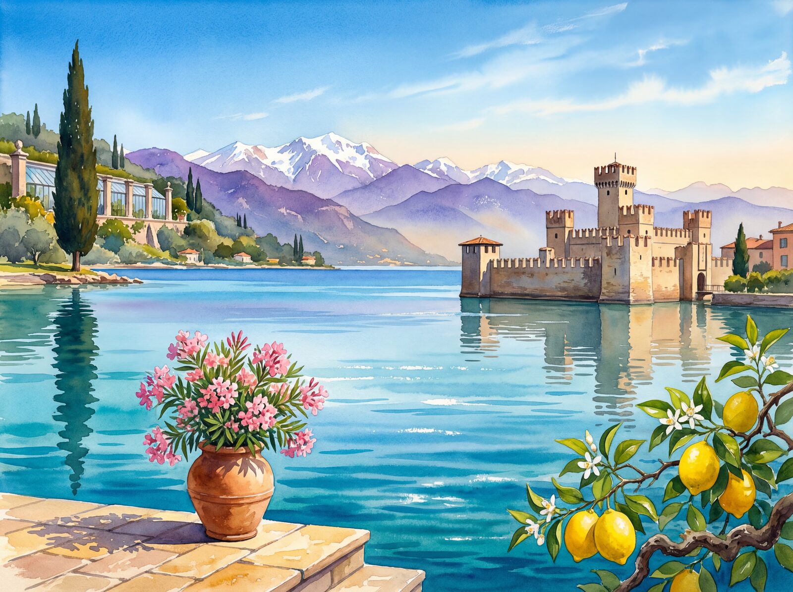 Scenic mural wallpaper in Lake Turquoise, Deep Blue, and Alpine White. Made to order.