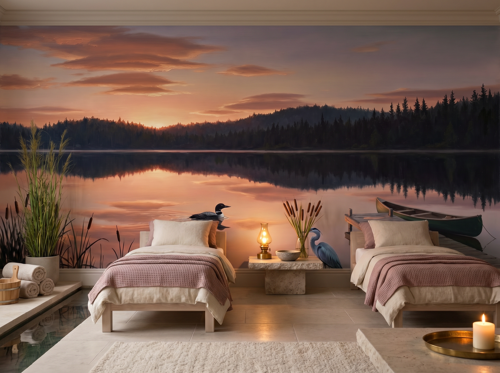 Lake Sunset scenic wallpaper mural on the feature wall of a biophilic bedroom, in a soft grey palette — The Wall Shawl.