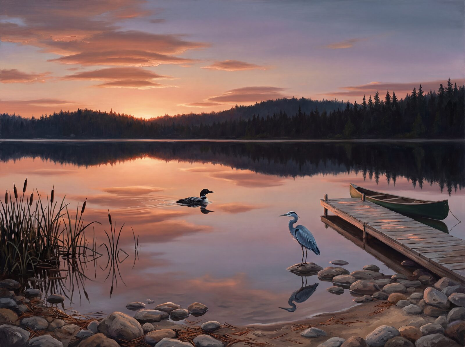 Serene lake scene with rose-gold, peach, and mauve hues. Made to order.