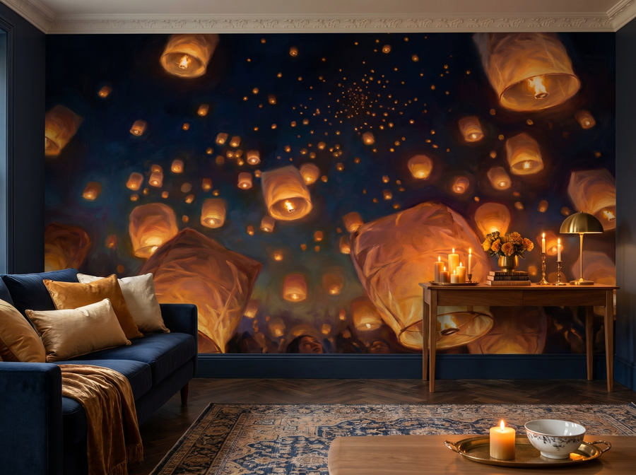 Lantern Light scenic wallpaper mural on the feature wall of an English-country living room, in a moody black-and-charcoal palette — The Wall Shawl.
