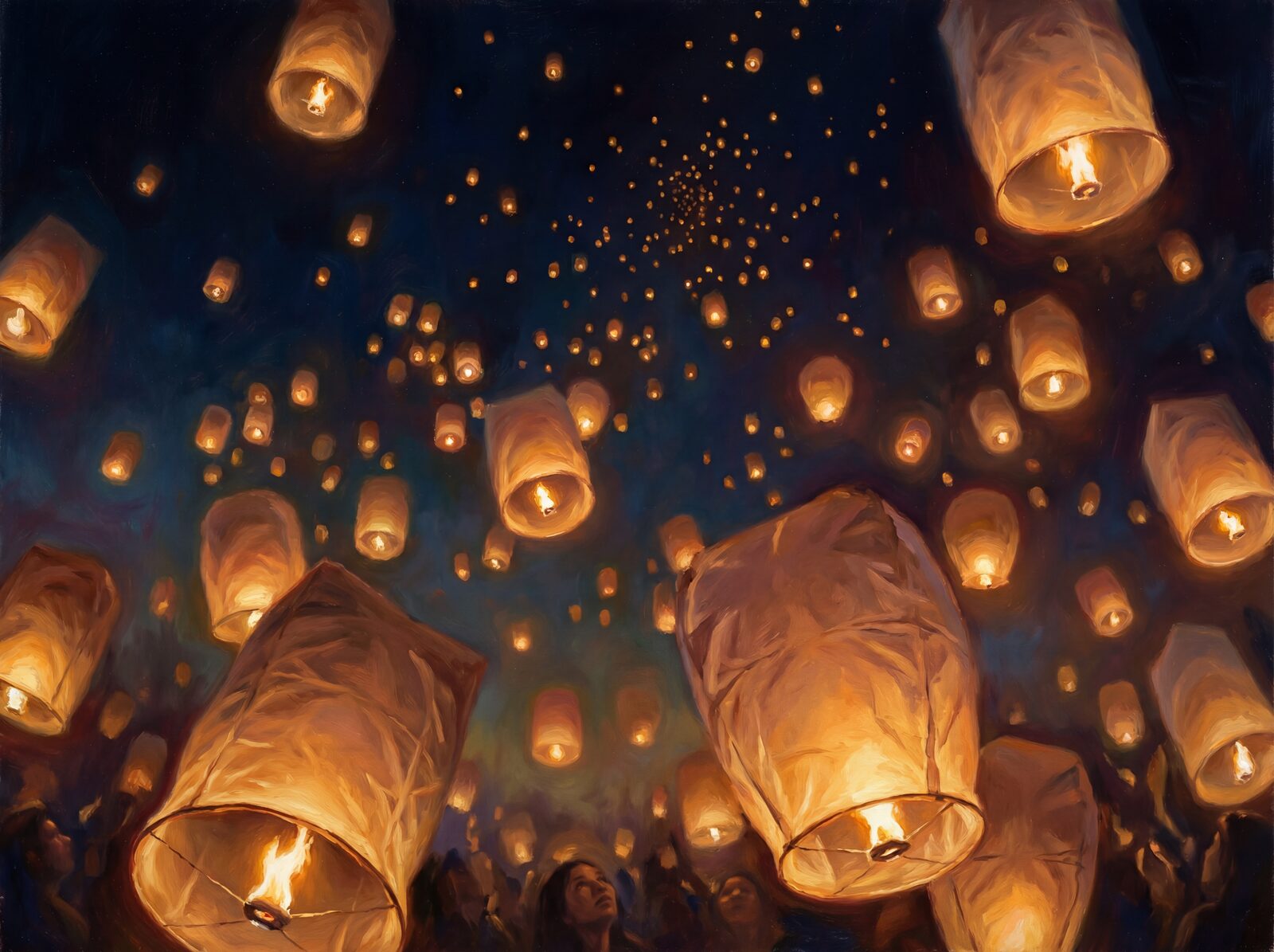 Witness hundreds of paper lanterns ascend into the night sky. Deep blues, amber, and cream. Made to order.