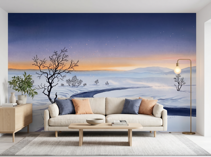 Lapland Winter scenic wallpaper mural on the feature wall of a Scandinavian bedroom, in a cool blue palette — The Wall Shawl.