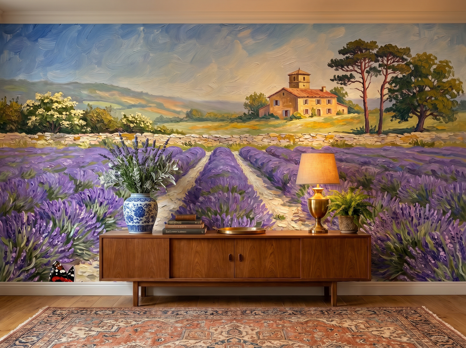Lavender Country scenic wallpaper mural on the feature wall of an English-country study, in a deep purple palette — The Wall Shawl.