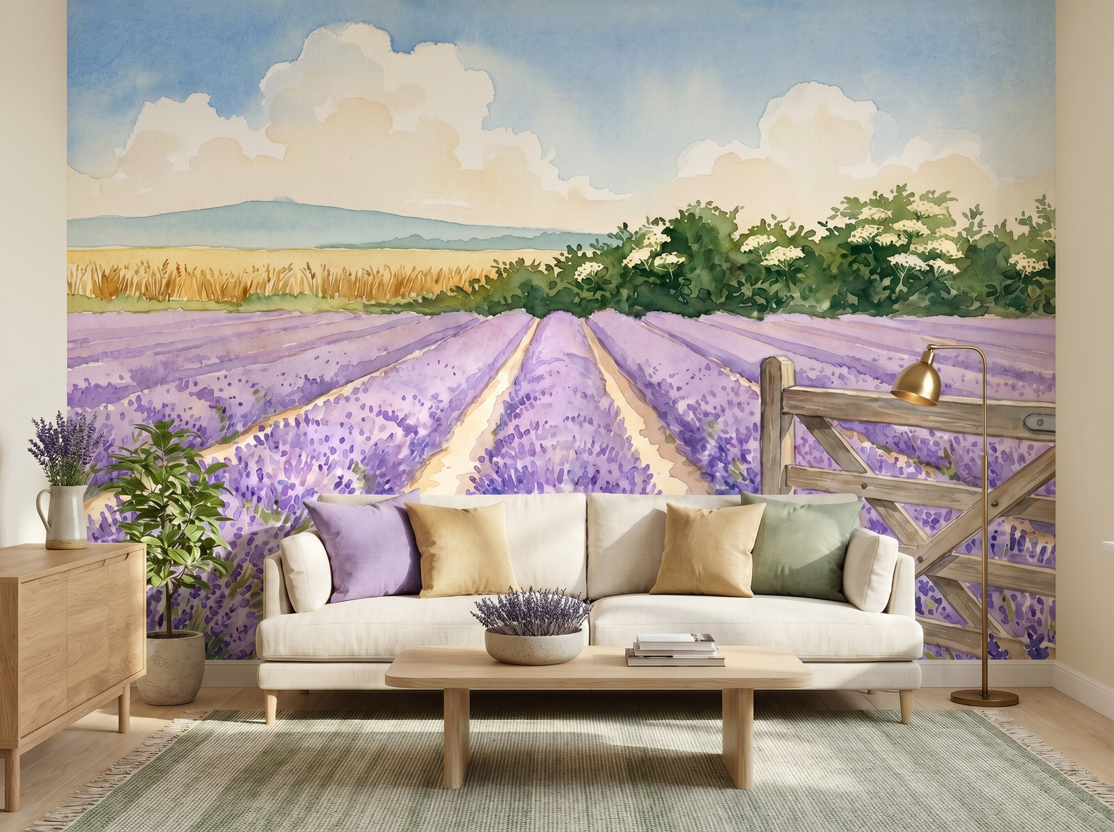 Lavender Field Border scenic wallpaper mural on the feature wall of an English-country bedroom, in a cool blue palette — The Wall Shawl.