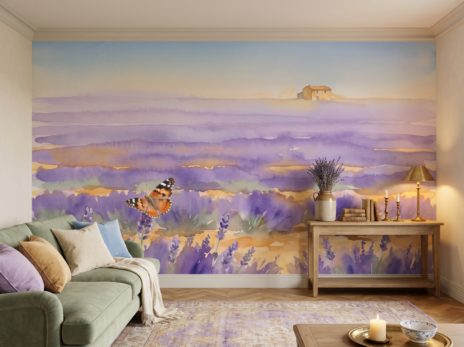 Lavender Haze scenic wallpaper mural on the feature wall of an English-country bedroom, in a soft grey palette — The Wall Shawl.