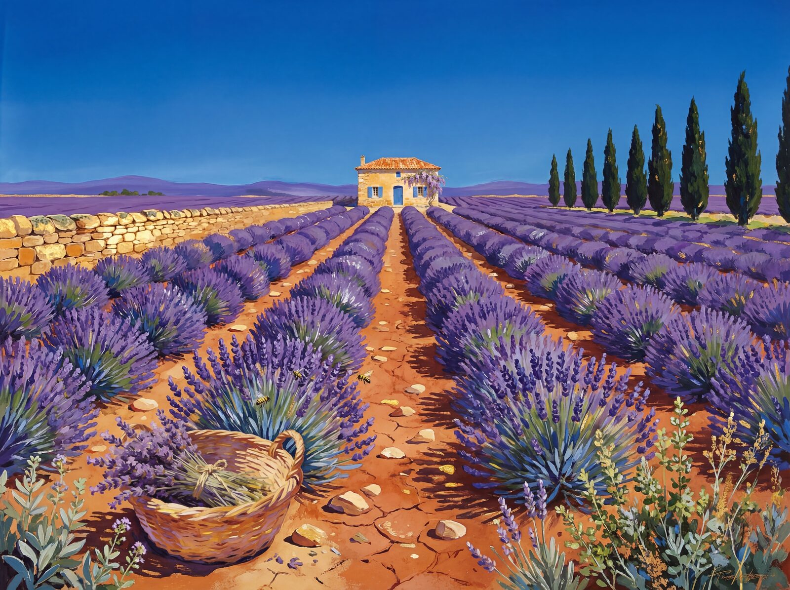 Immerse yourself in the intoxicating beauty of Provence with our Lavender Rows mural. Deep purples, golden light, and terracotta earth. Made to order.