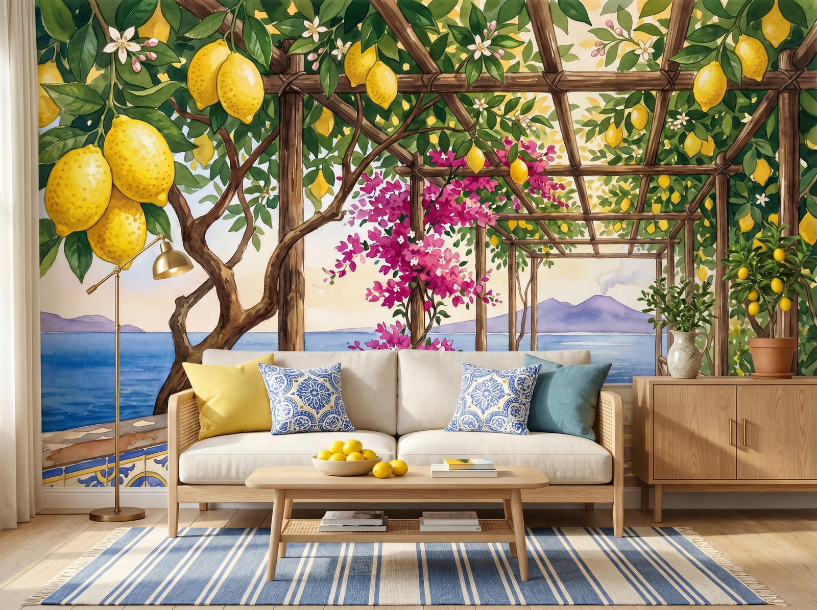 Lemon Garden Sorrento scenic wallpaper mural on the feature wall of a Mediterranean kitchen, in a golden yellow-and-ochre palette — The Wall Shawl.