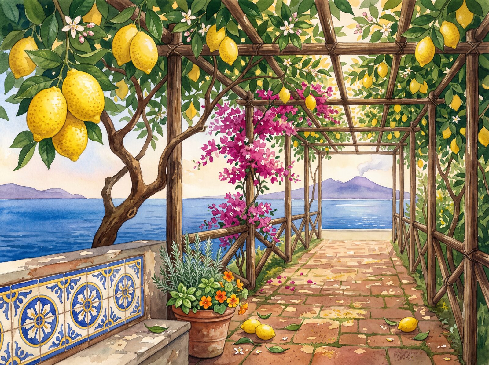 Vibrant lemon garden scene with Lemon Bright, Leaf Dark, and Bay Blue hues. Made to order.
