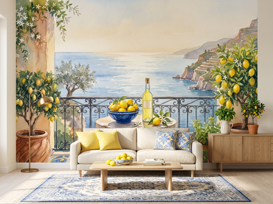 Lemon Terrace scenic wallpaper mural on the feature wall of a Mediterranean kitchen, in a golden yellow-and-ochre palette — The Wall Shawl.