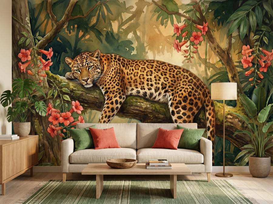 Leopard on Branch scenic wallpaper mural on the feature wall of an English-country bedroom, in a moody black-and-charcoal palette — The Wall Shawl.