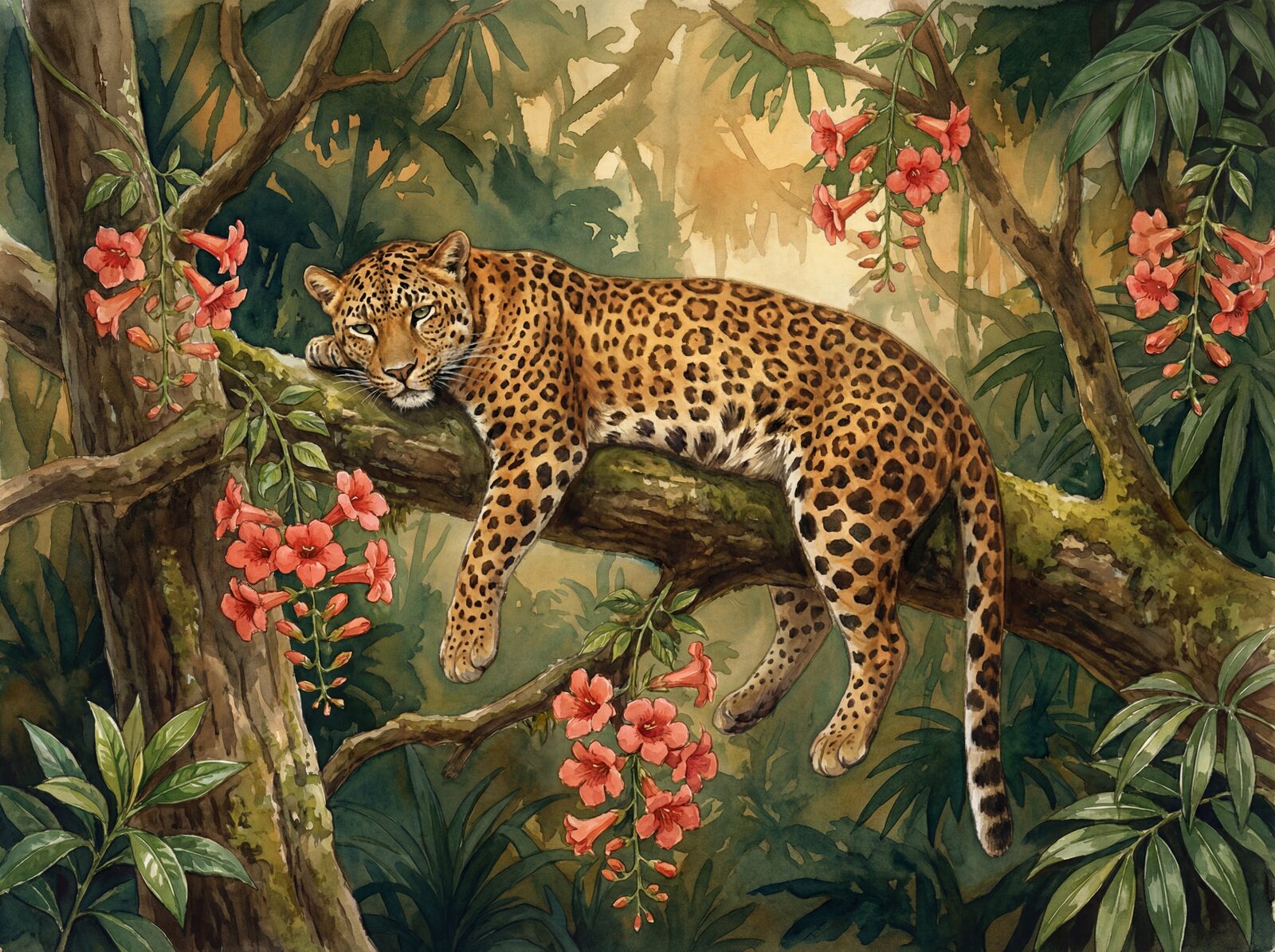 Leopard on a flowering tree, in Leopard Gold, Rosette Dark, and Flower Coral. Made to order.