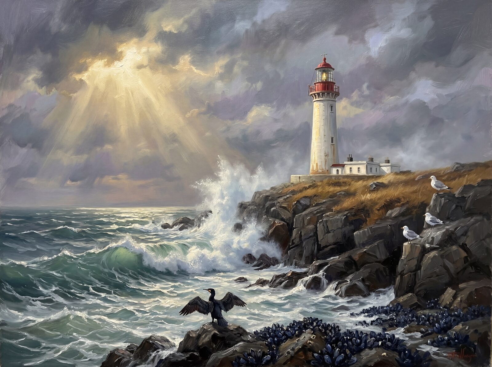 Dramatic lighthouse scene with Tower White, Lantern Red, and Storm Sky. Made to order.
