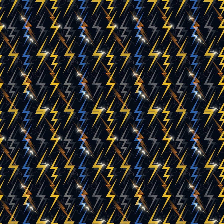 Dramatic lightning bolt mural in Storm Black, Electric Gold, and Ozone Blue. Made to order.