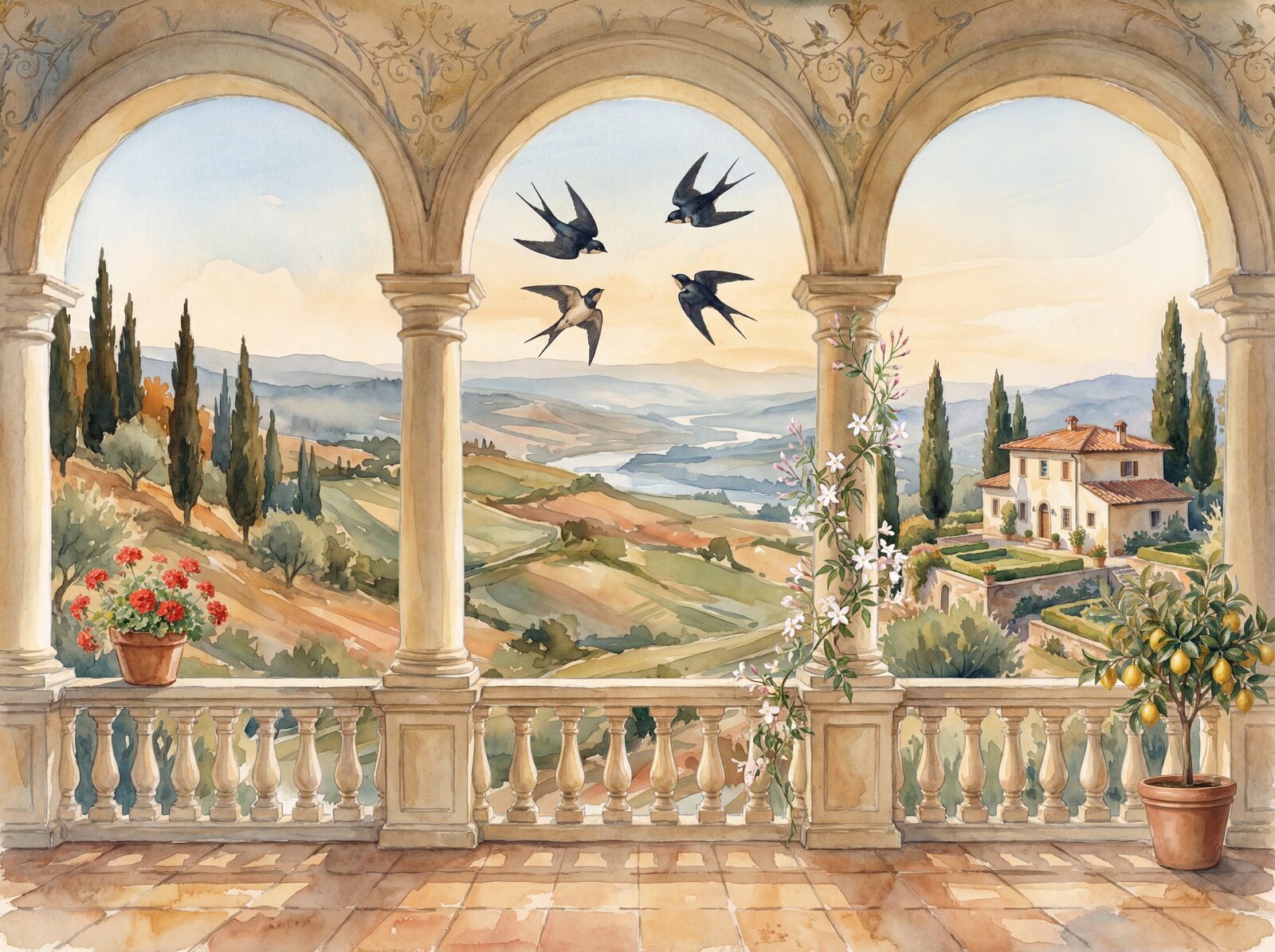 Scenic mural wallpaper with Column Stone, Tuscan Distance, and Jasmine White palette. Made to order.