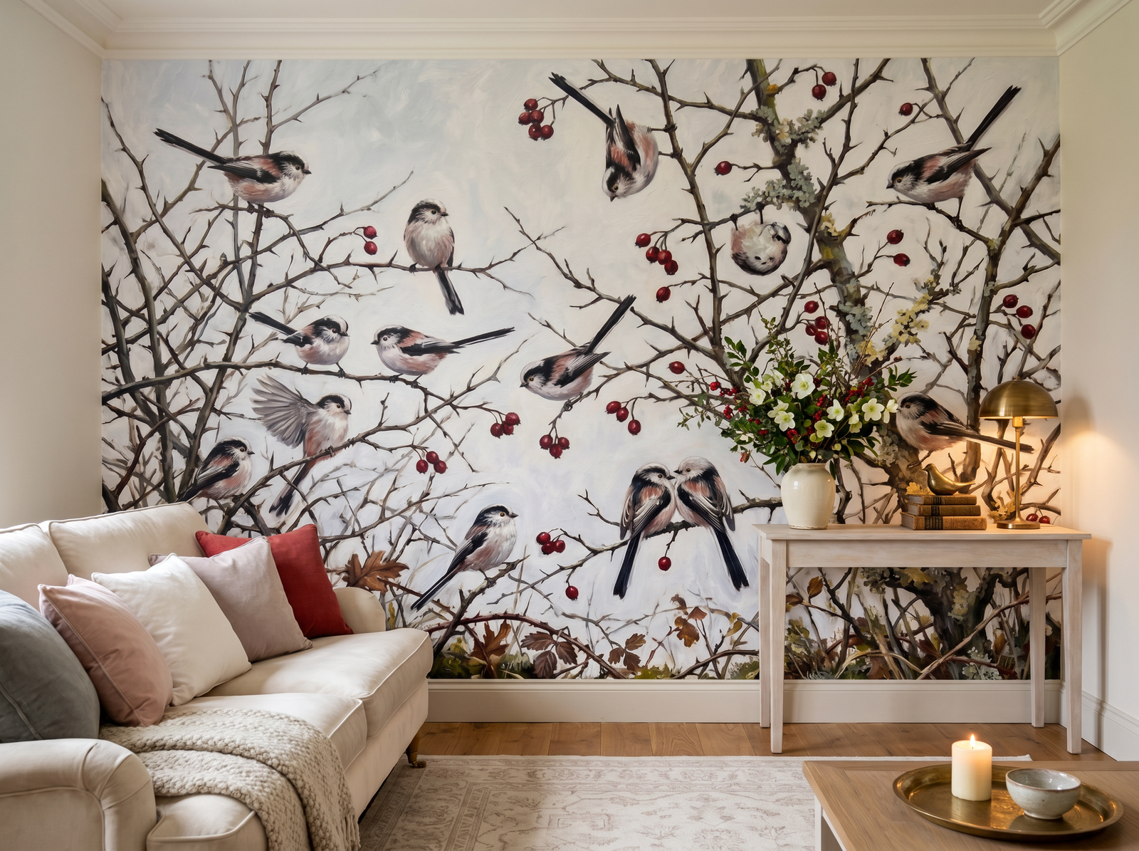 Long-Tailed Tit Family scenic wallpaper mural on the feature wall of an English-country living room, in a soft grey palette — The Wall Shawl.