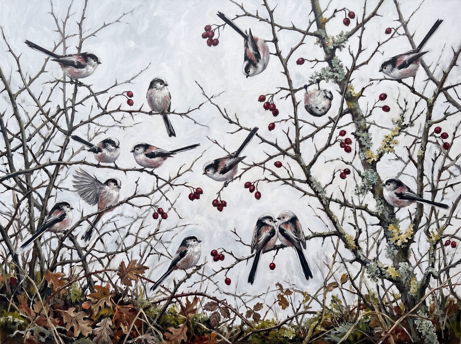 A charming winter scene of long-tailed tits flitting through a hedgerow. Featuring blush pink, soot black, and winter white. Made to order.