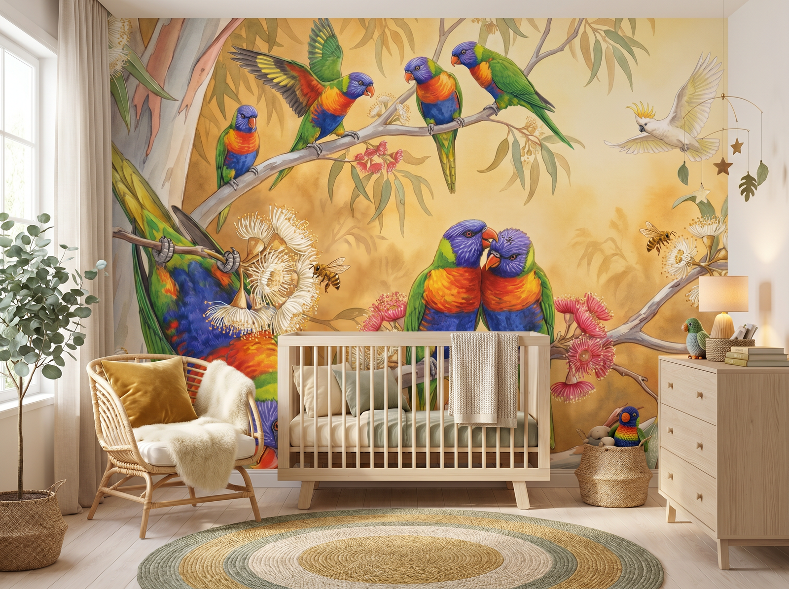 Lorikeet Rainbow scenic wallpaper mural on the feature wall of an English-country kitchen, in a verdant green palette — The Wall Shawl.