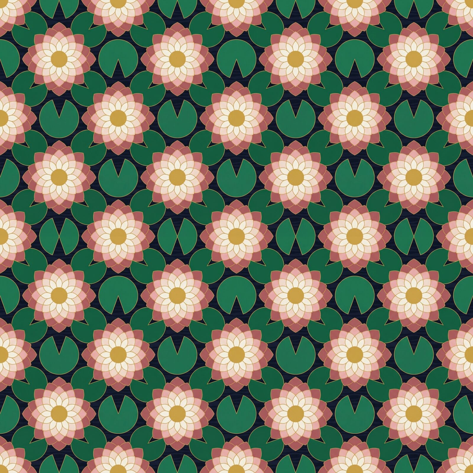 Heritage pattern mural with Dark Water, Lotus Pink, and Gold Centre. Made to order.